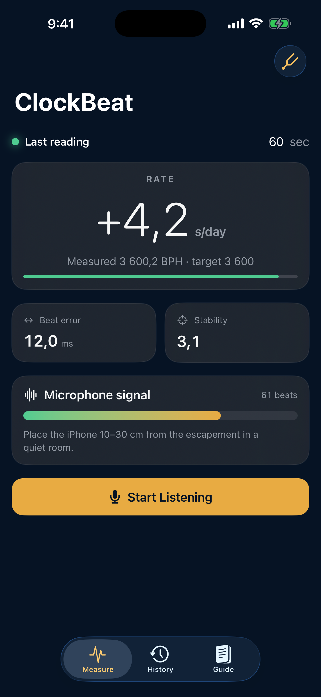 ClockBeat showing measured daily rate, beat error, and stability