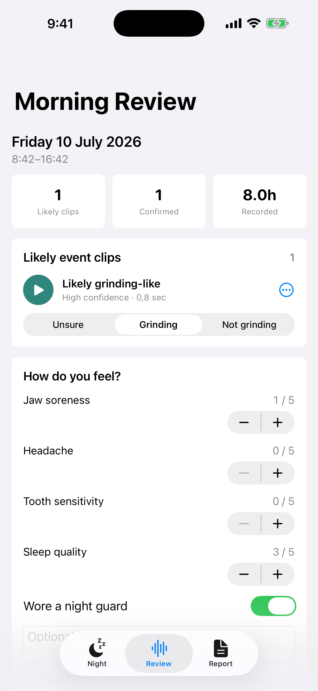 JawTrace morning review with sound buckets and symptom notes