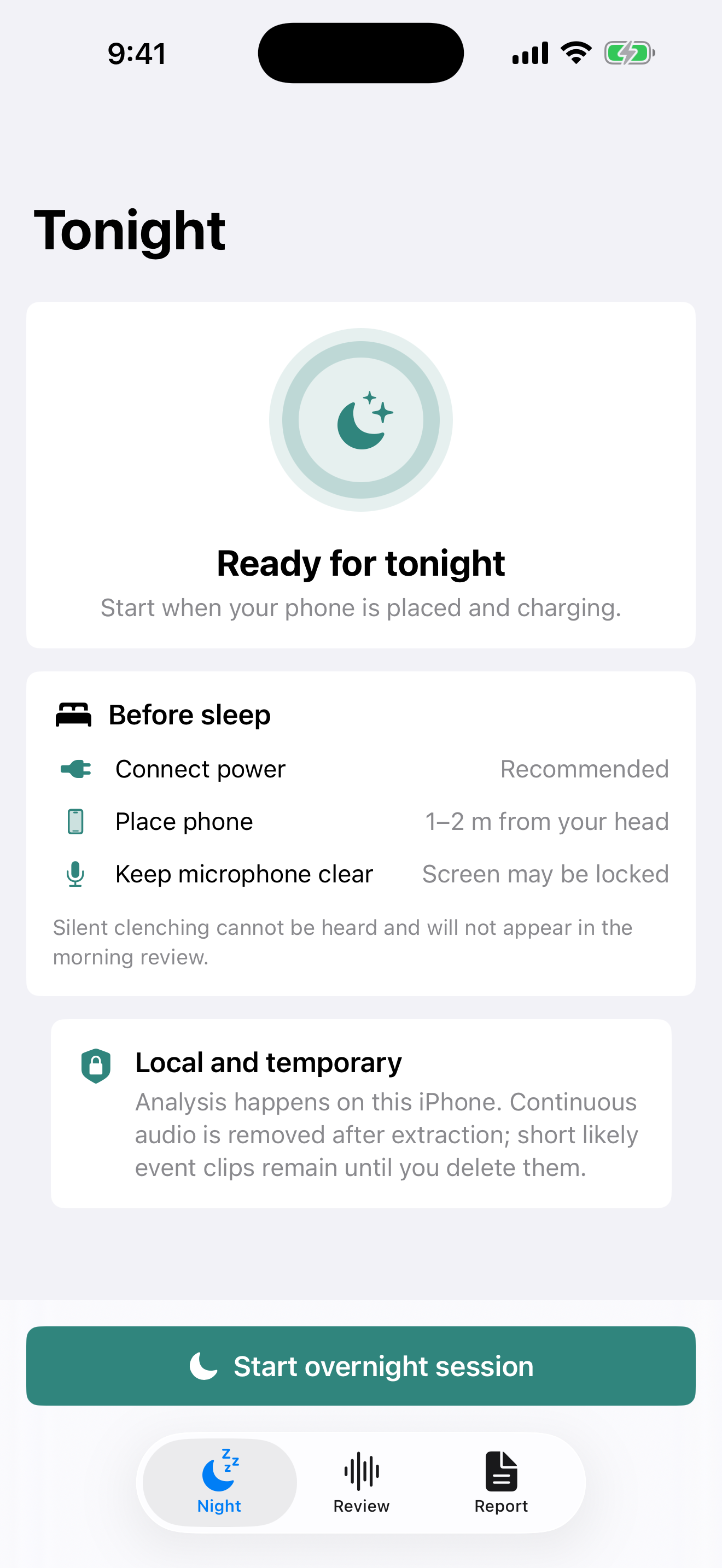 JawTrace night setup screen with recording controls and privacy notes