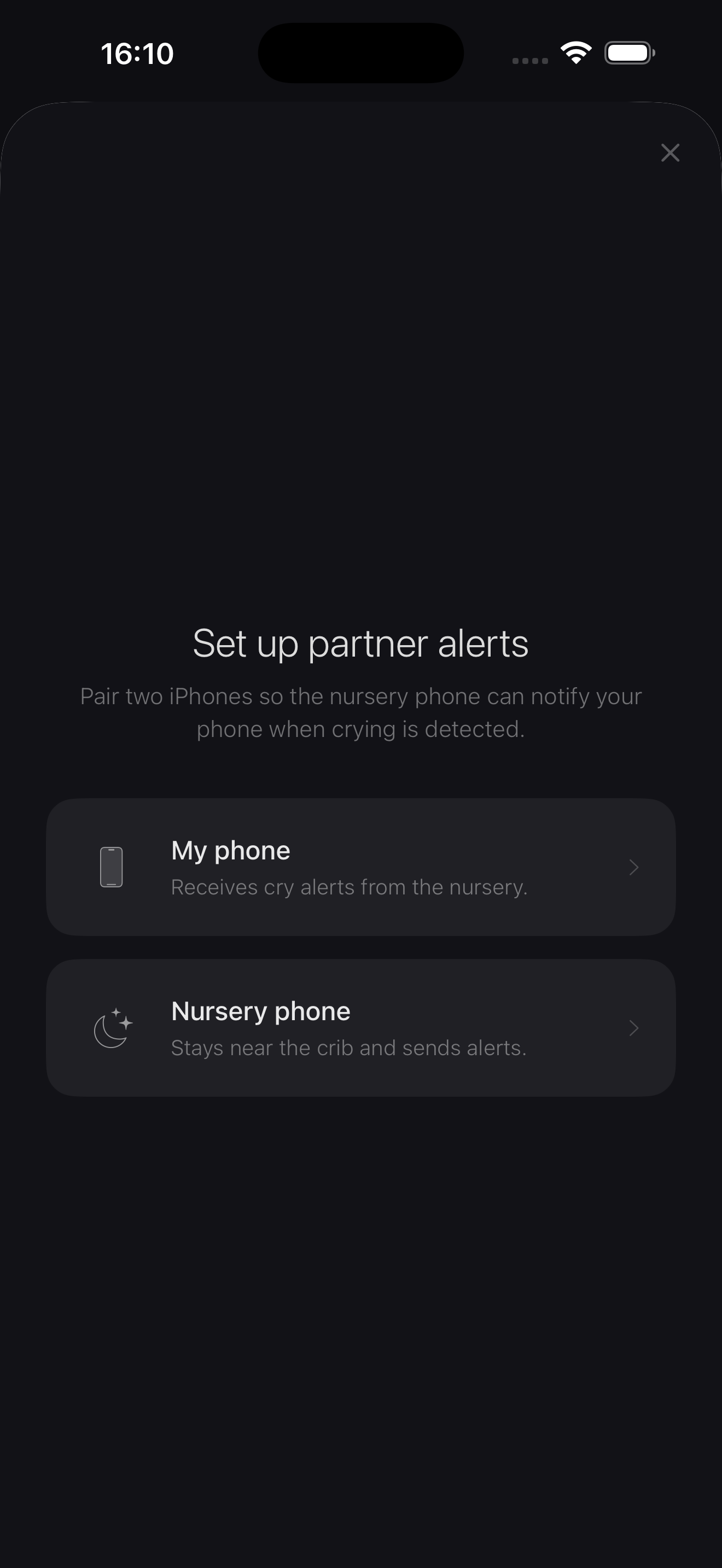 Lulliq partner alerts setup screen for parent and nursery phones