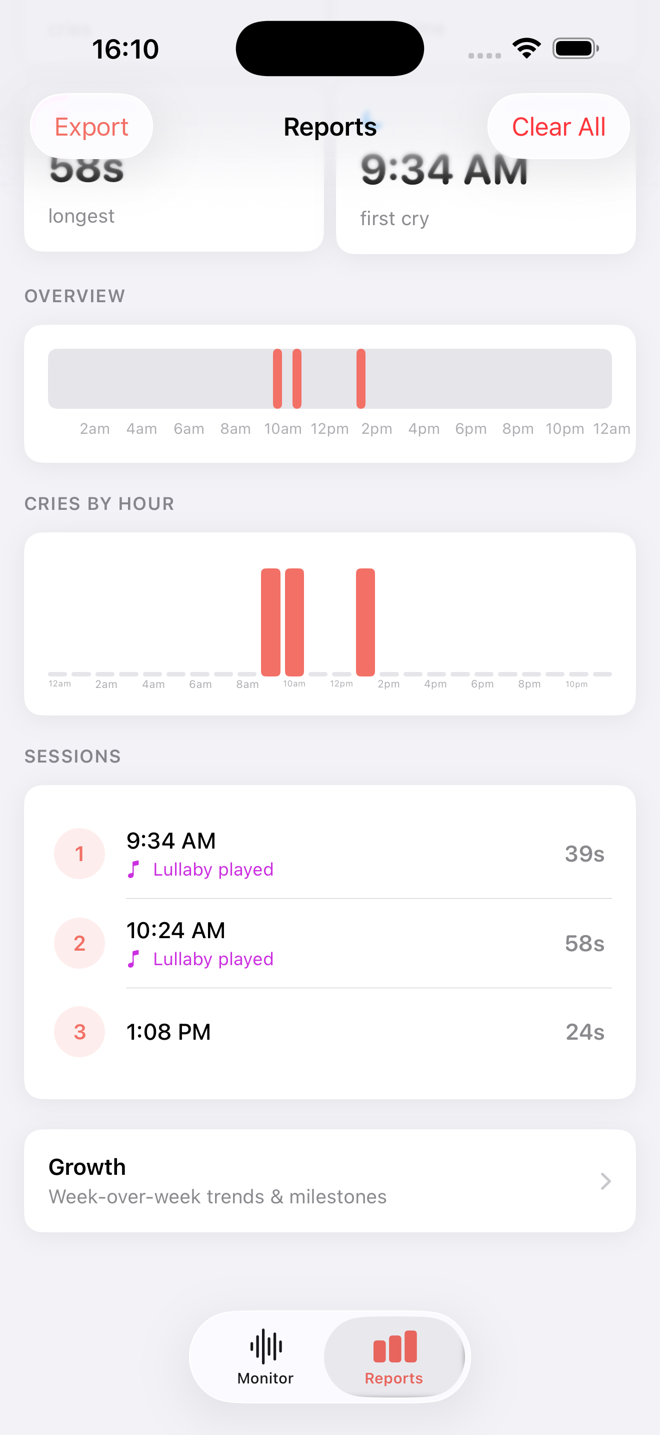 Lulliq reports screen showing cry count, total time, timeline, and sessions